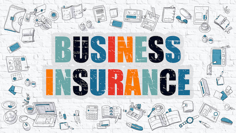 Business Insurance Concept. Modern Line Style Illustation. Multicolor Business Insurance Drawn on White Brick Wall. Doodle Icons. Doodle Design Style of Business Insurance Concept.